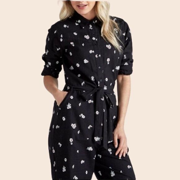 Lucky Brand Black Daisy Print Logan Jumpsuit Size Small Petite - Picture 15 of 16